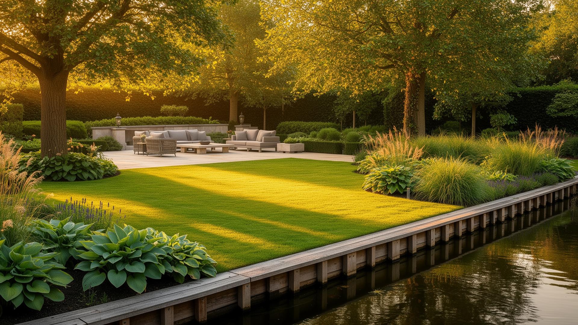 Exclusieve tuin met terras, gazon en beschoeiing langs het water