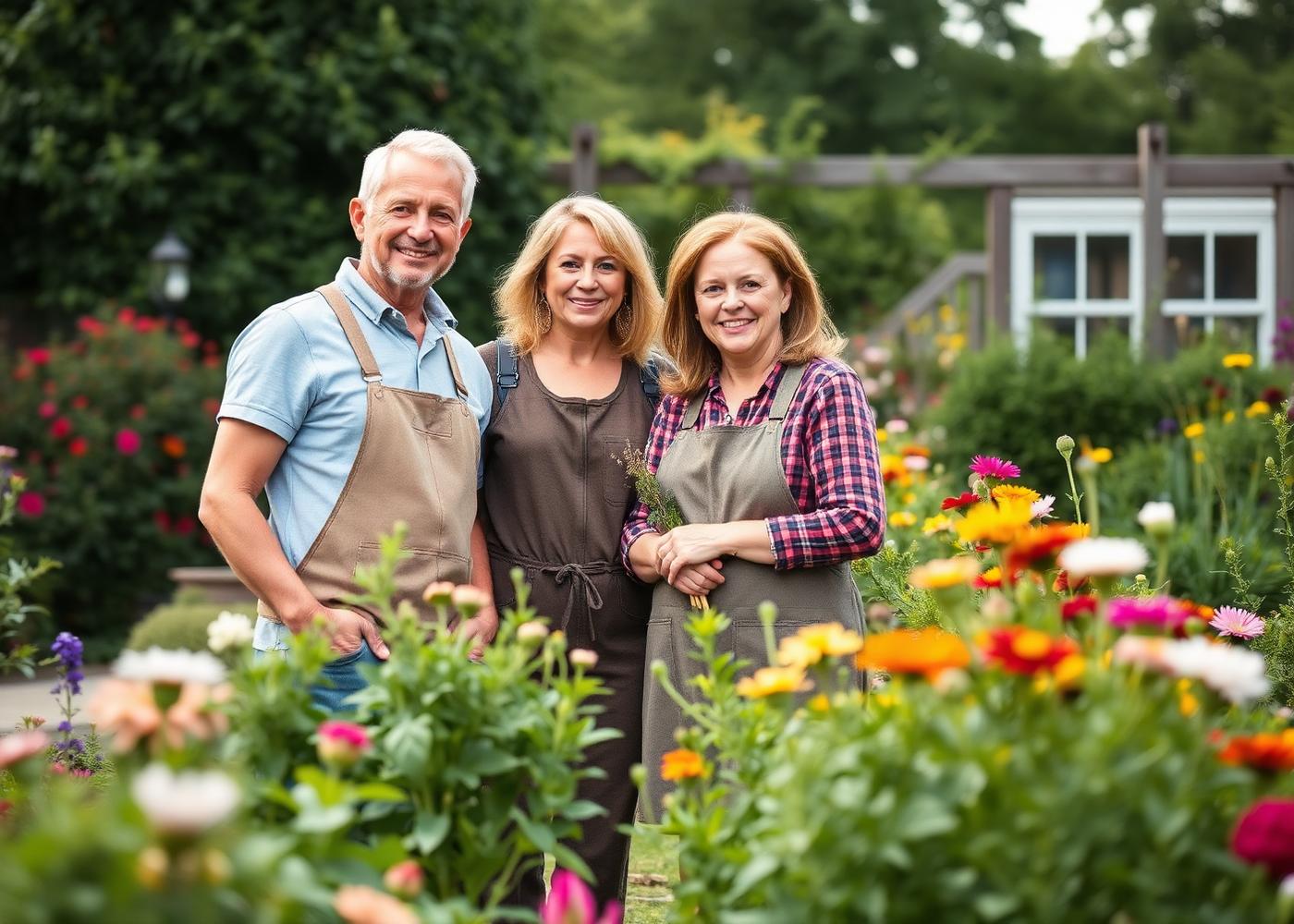Het team van Slappendel Hoveniers in een bloeiende tuin